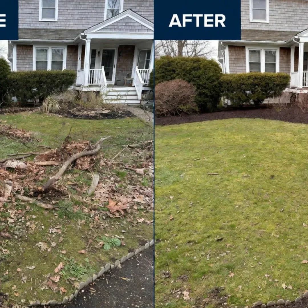 Before and after: a shingled colonial home cleared of branch debris to reveal a green lawn