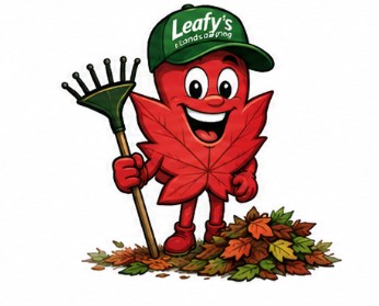 Leafy mascot holding a rake among autumn leaves